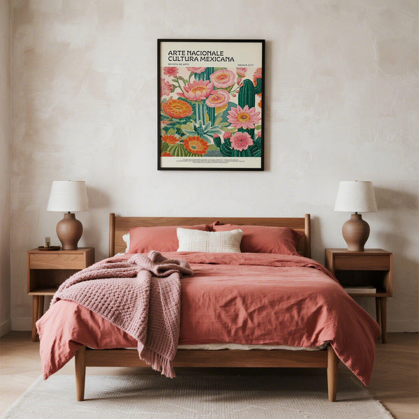 Bright pink florals and green succulents in a Vintage Mexican Poster design.