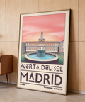 Depicting Puerta del Sol Madrid Landmark Art Print with plaza fountain and stylized skyline