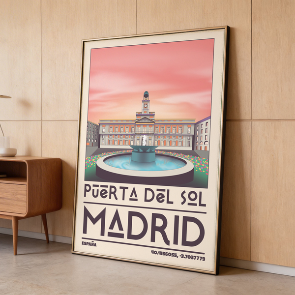 Depicting Puerta del Sol Madrid Landmark Art Print with plaza fountain and stylized skyline