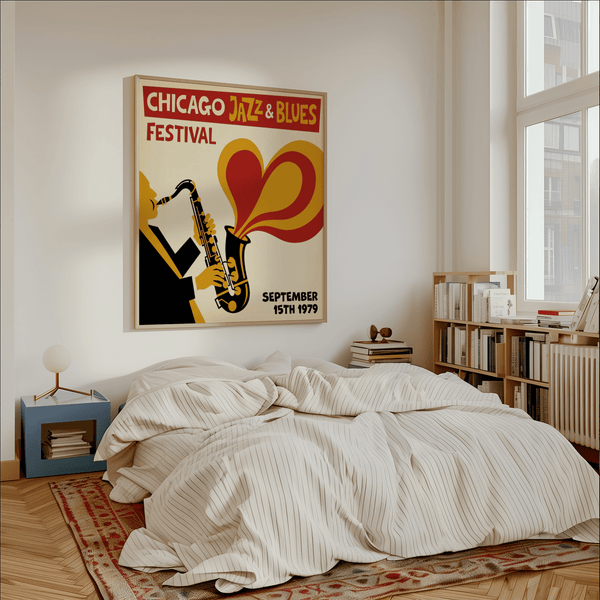 Chicago Blues Print poster with Red heart shapes for hallway decor