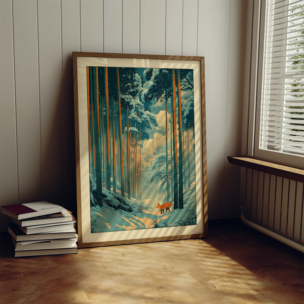 Winter forest wall art print featuring dense bamboo and layered canopy