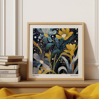 Dark Floral Wall Art featuring blue and yellow flowers in Japanese art style.