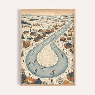 Winter Village Scene framed print of an ice skating village with blue river and orange houses