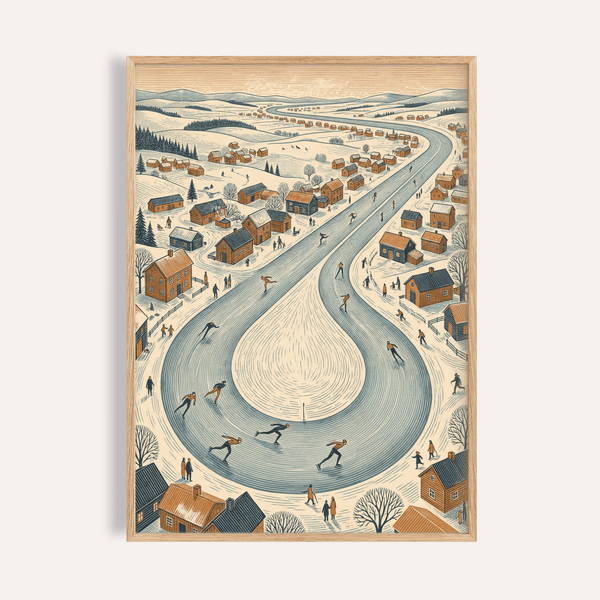 Winter Village Scene wall art print in Blue, Beige, and Orange for living room