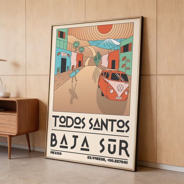 Baja Sur Art Print front view with bold typography and desert coastal backdrop