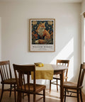 Fox illustration nestled in blue and gold botanical background – William Morris Fox Print.