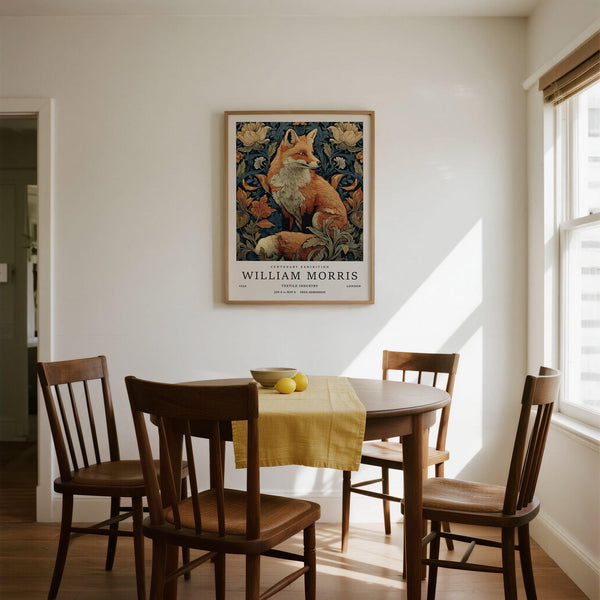 Fox illustration nestled in blue and gold botanical background – William Morris Fox Print.