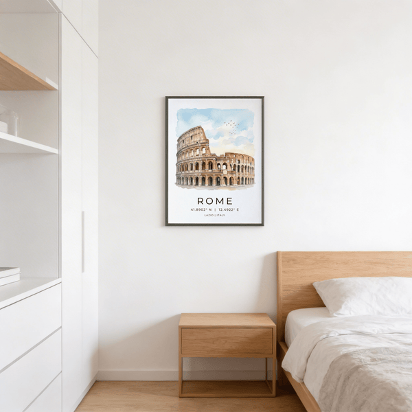 Clean typography travel wall art print with Rome name and latitude longitude
