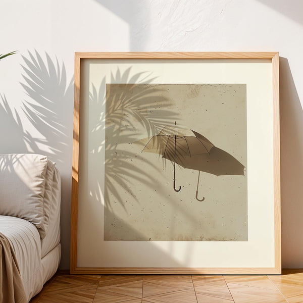 Dreamlike vintage-style artwork with an abstract floating umbrella