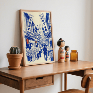 Japanese Market Art Print, blue market architecture and red banners for hallway