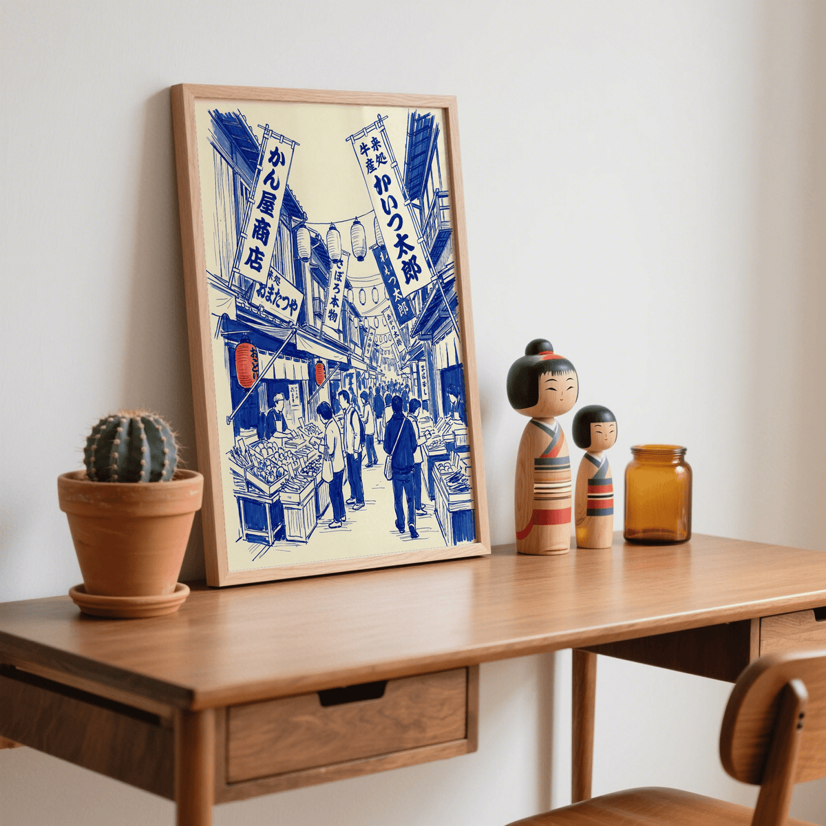 Japanese Market Art Print, blue market architecture and red banners for hallway
