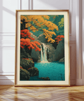 Hasui Kawase waterfall print with calm pool beneath cliffs