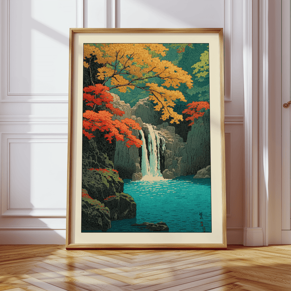 Hasui Kawase waterfall print with calm pool beneath cliffs