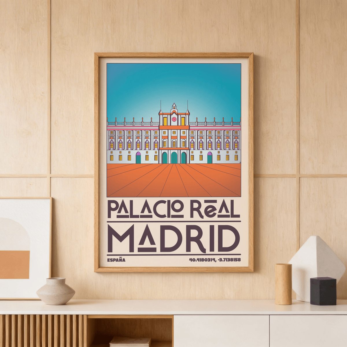 Graphic Palacio Real Madrid print poster showing centered palace facade, arched doors, and sky block above
