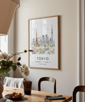 Poster print of Tokyo skyline with winding river foreground and typographic title below