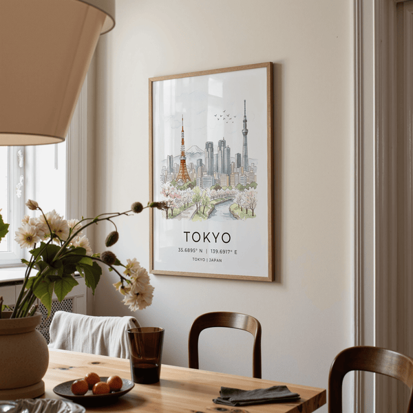 Poster print of Tokyo skyline with winding river foreground and typographic title below