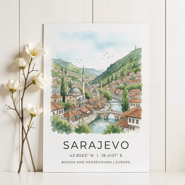 Scenic valley view Sarajevo City Print with layered hills and rooftops
