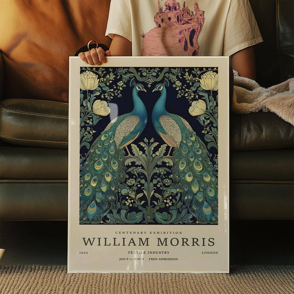 Blue and green large peacock wall art with detailed bird feathers for hallway