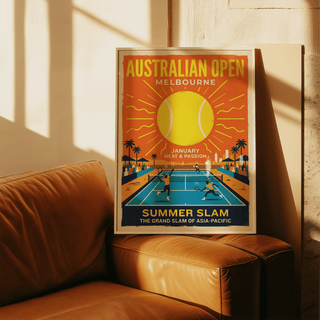 Front-facing Summer Slam Print poster with Australian Open Melbourne text and tennis court scene