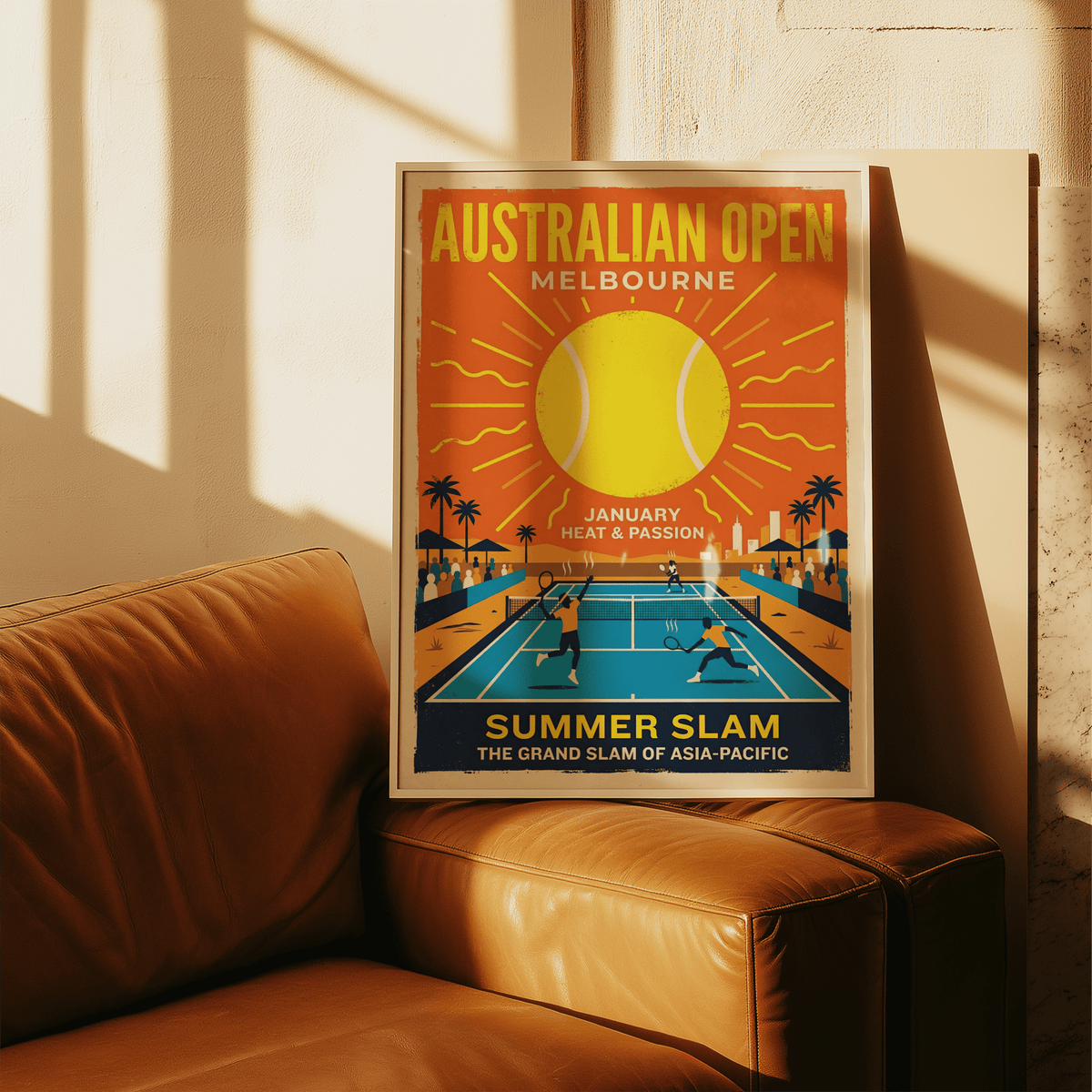 Front-facing Summer Slam Print poster with Australian Open Melbourne text and tennis court scene
