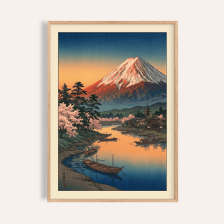 Mount Fuji Sunset Poster print showing calm lake and boats