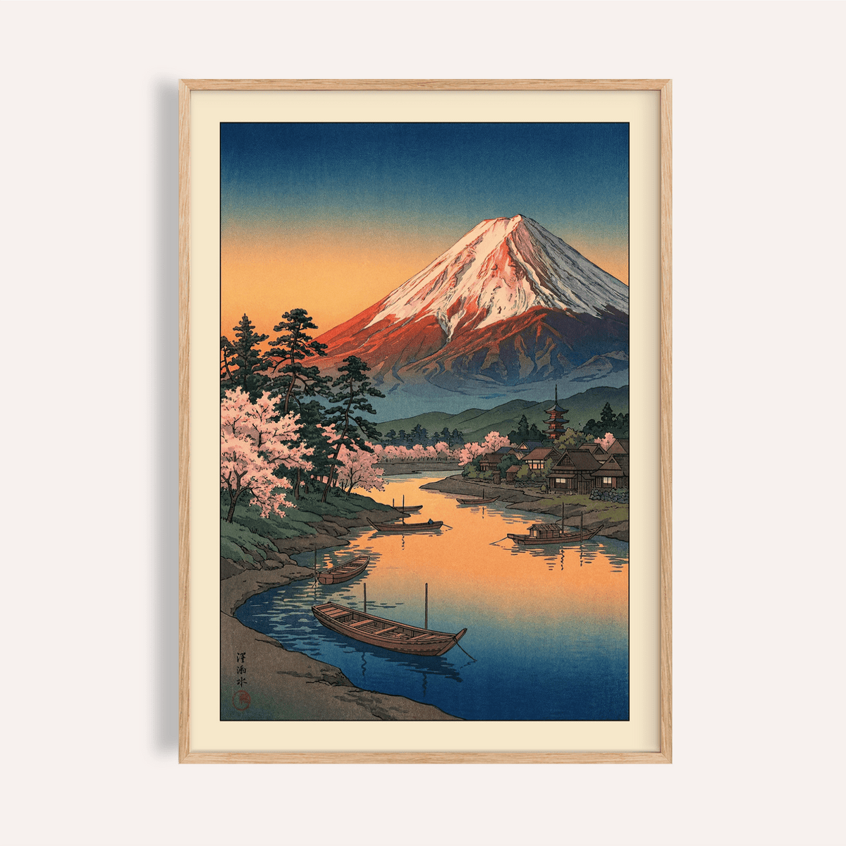 Mount Fuji Sunset Poster print showing calm lake and boats