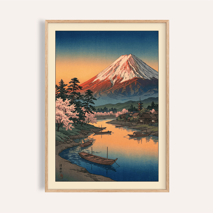 Mount Fuji Sunset Poster print showing calm lake and boats