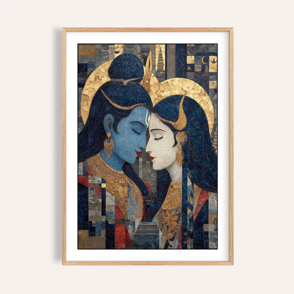 Centered Pic of Shiva and Parvati Wall Art poster with mosaic tile portraits and ornate jewelry