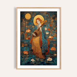 Saraswati Veena Print poster featuring musician, halo, and mosaics