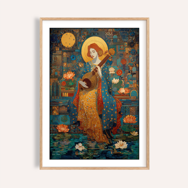Saraswati Veena Print poster featuring musician, halo, and mosaics