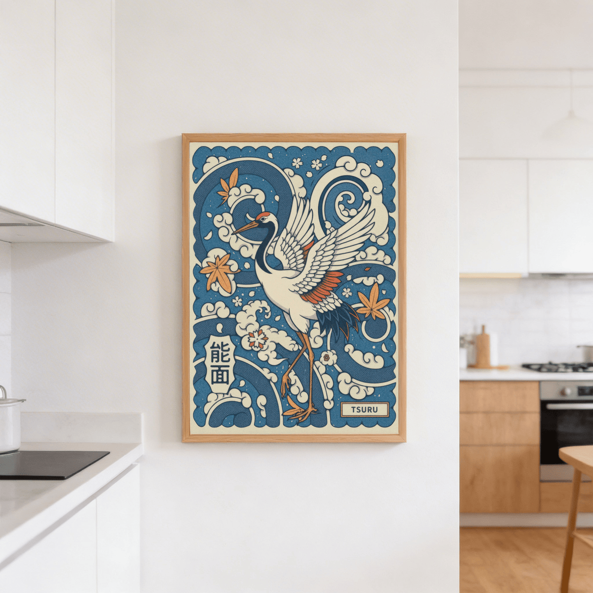 Illustrating a crane poster print with bold outlines, cloud curls, and patterned backdrop