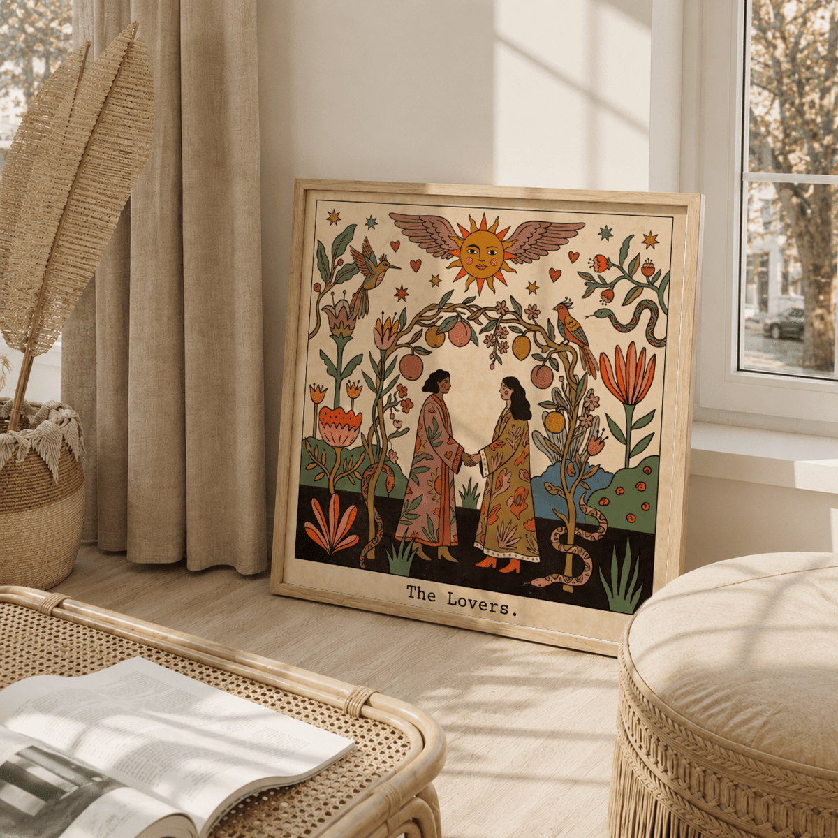 Decorative tarot wall art with birds, blossoms, and hearts arranged around the main figures