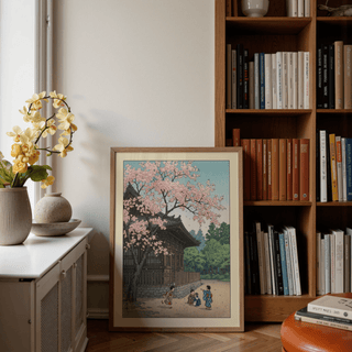 Wide mockup of spring temple print with layered green trees and open sky