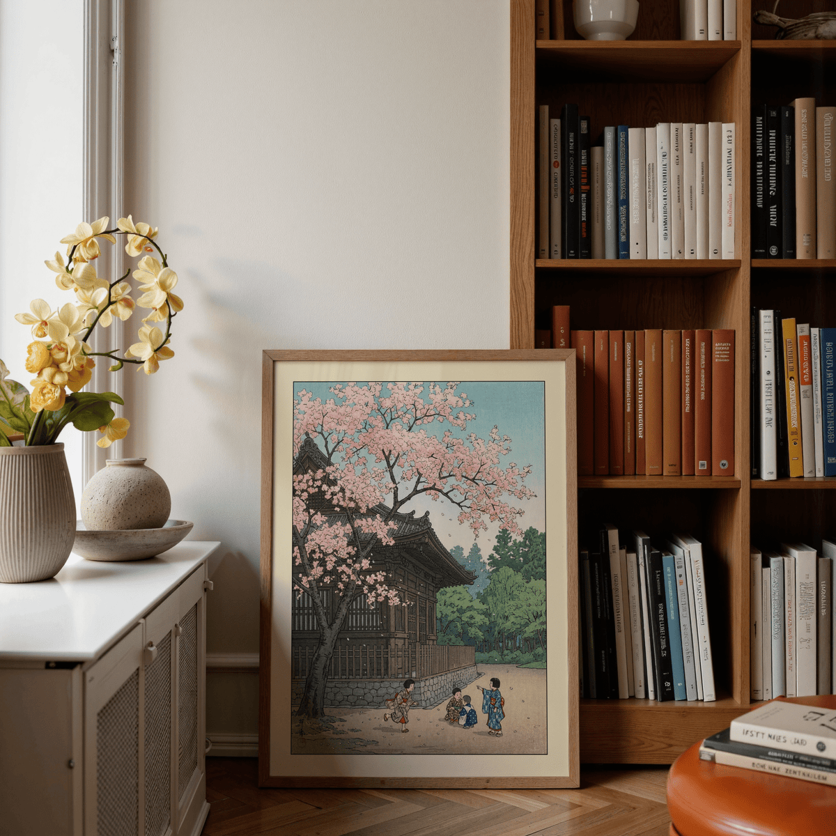 Wide mockup of spring temple print with layered green trees and open sky