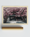 Nightstand vignette with Hasui Kawase cherry blossoms poster in slim frame