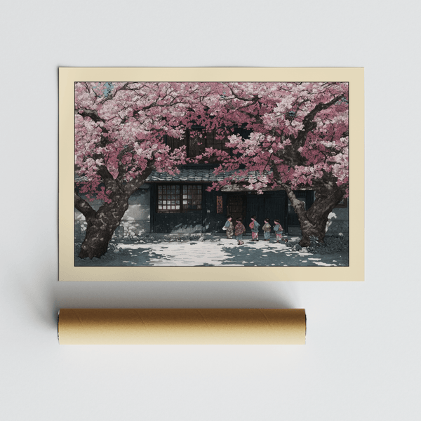 Nightstand vignette with Hasui Kawase cherry blossoms poster in slim frame