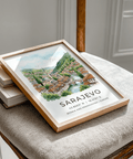 Watercolor travel poster of Sarajevo featuring stone bridge and river