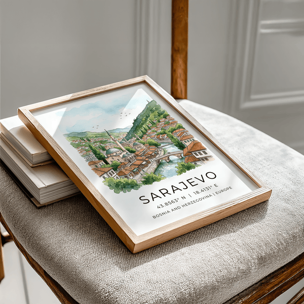 Watercolor travel poster of Sarajevo featuring stone bridge and river