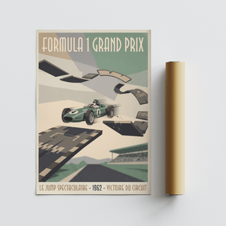 Vintage racing wall art featuring an open-wheel car and dramatic jump ramp composition
