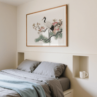 Elegant Crane Cherry Blossom Art Print featuring crane on twisting branch with blossoms