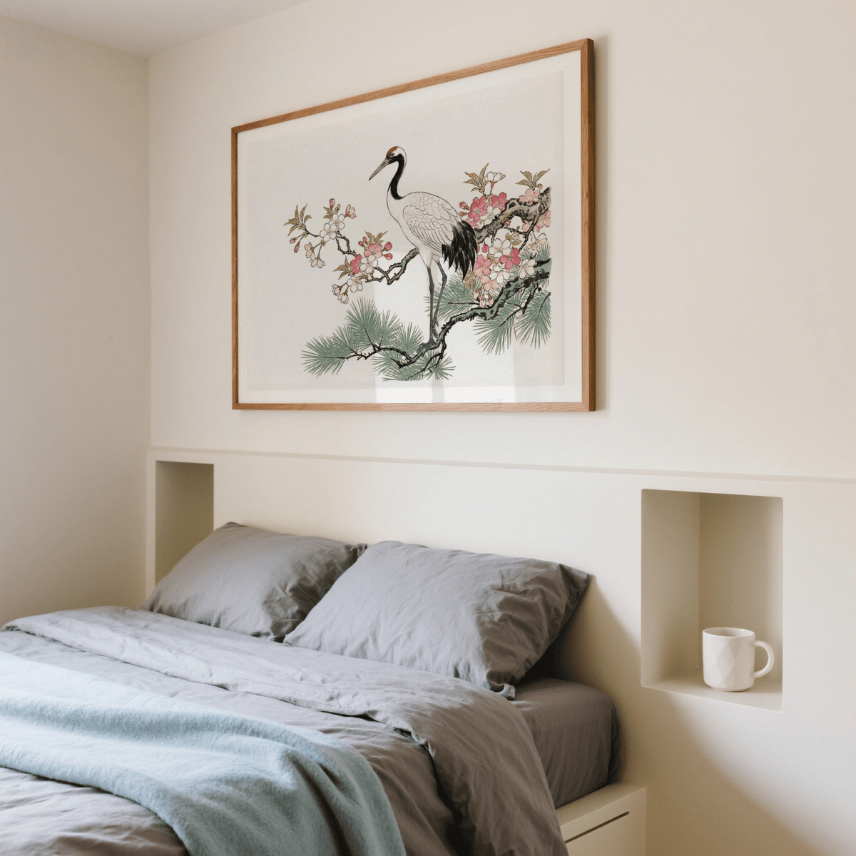Elegant Crane Cherry Blossom Art Print featuring crane on twisting branch with blossoms