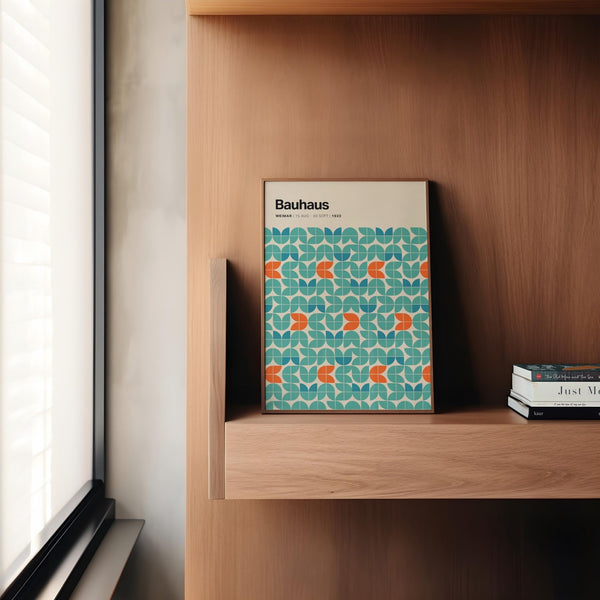 Graphic wall art for office featuring teal geometric Bauhaus layout.