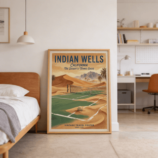 Presenting a Vintage Tennis Poster featuring INDIAN WELLS typography above a desert tennis scene