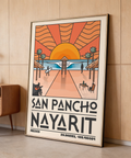 Graphic coastal wall art print with bold SAN PANCHO NAYARIT text and Mexico coordinates