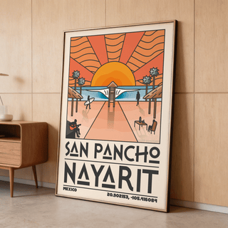 Graphic coastal wall art print with bold SAN PANCHO NAYARIT text and Mexico coordinates
