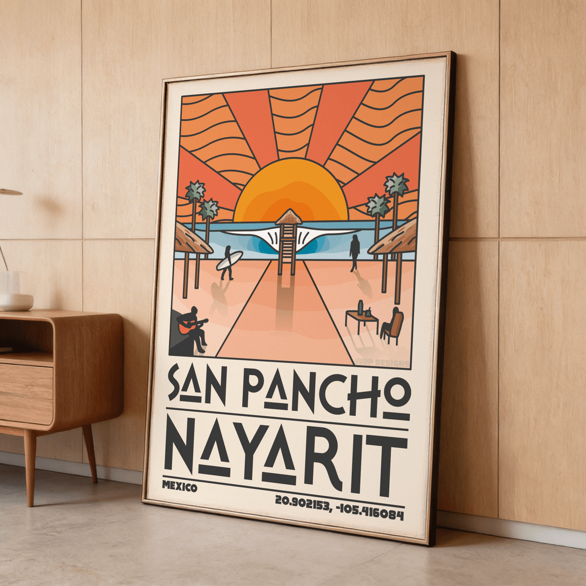 Graphic coastal wall art print with bold SAN PANCHO NAYARIT text and Mexico coordinates