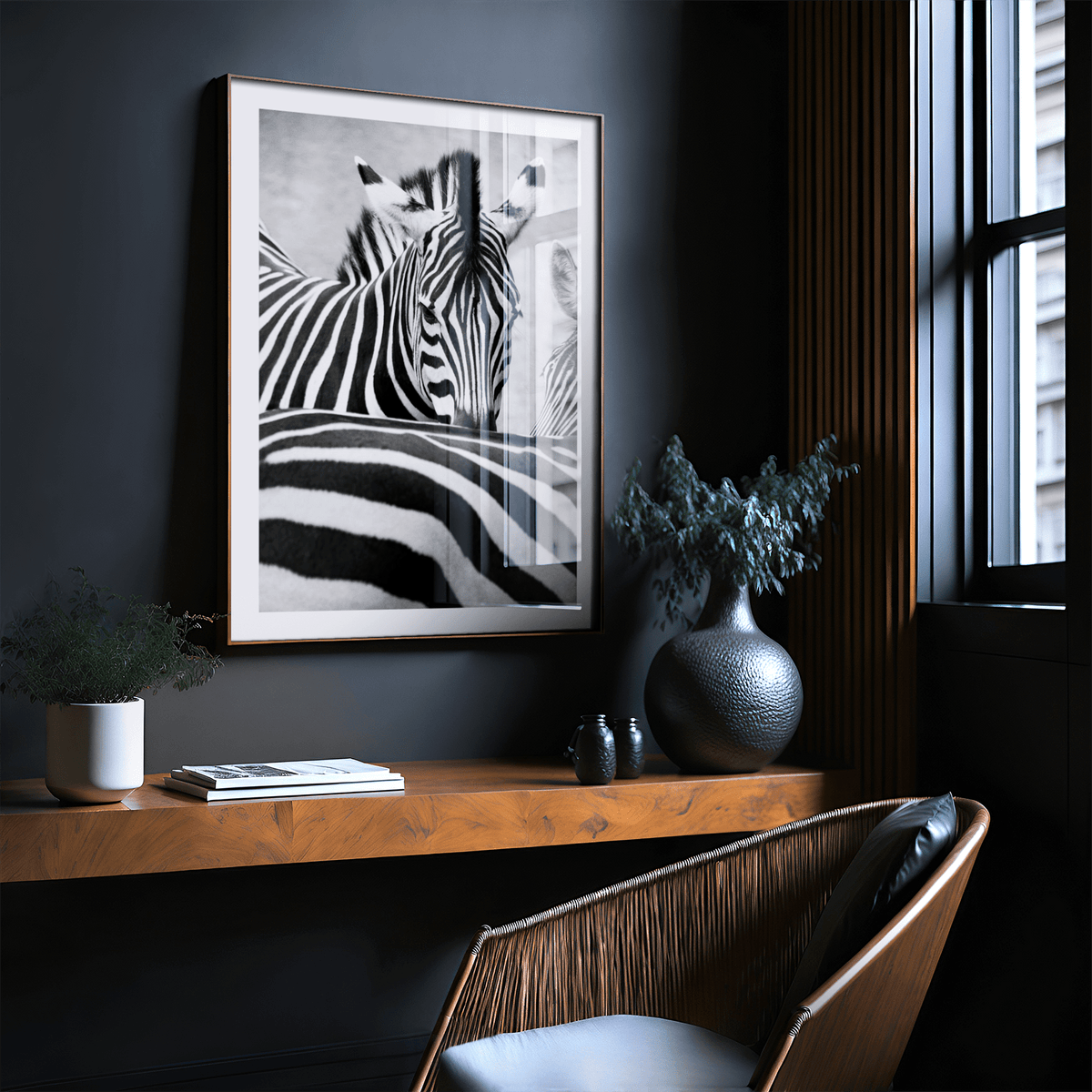 Zebra Black White Wall Art close-up photograph of zebra head and stripes