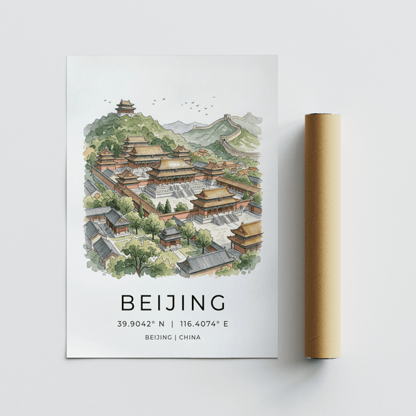 Topographic Beijing Wall Art print with trees, layered roofs, and birds above the skyline