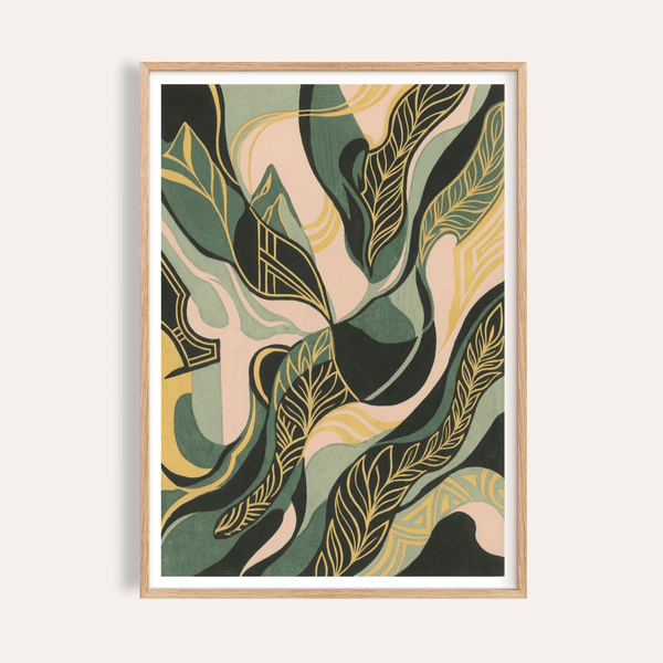 Abstract Leaf Art Print in green and yellow for living room wall art