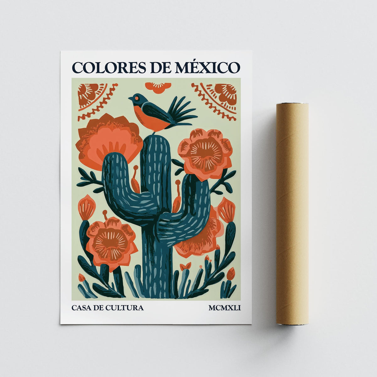 Cactus wall art in bold green and orange tones for eclectic home decor.